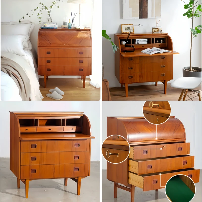 Vintage Sekretär-Schminktisch mit Rolltop und Teakfurnier